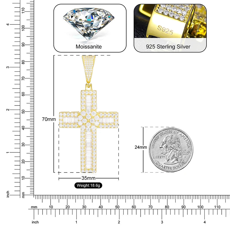 Sparkling Moissanite Cross &amp; Baguette Layered Pendant &amp; Tennis Chain